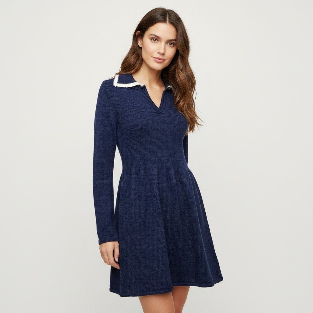 Maeve Anthropologie Navy Blue Wool Blend Polo Collar Sweater Dress NWT Size Med